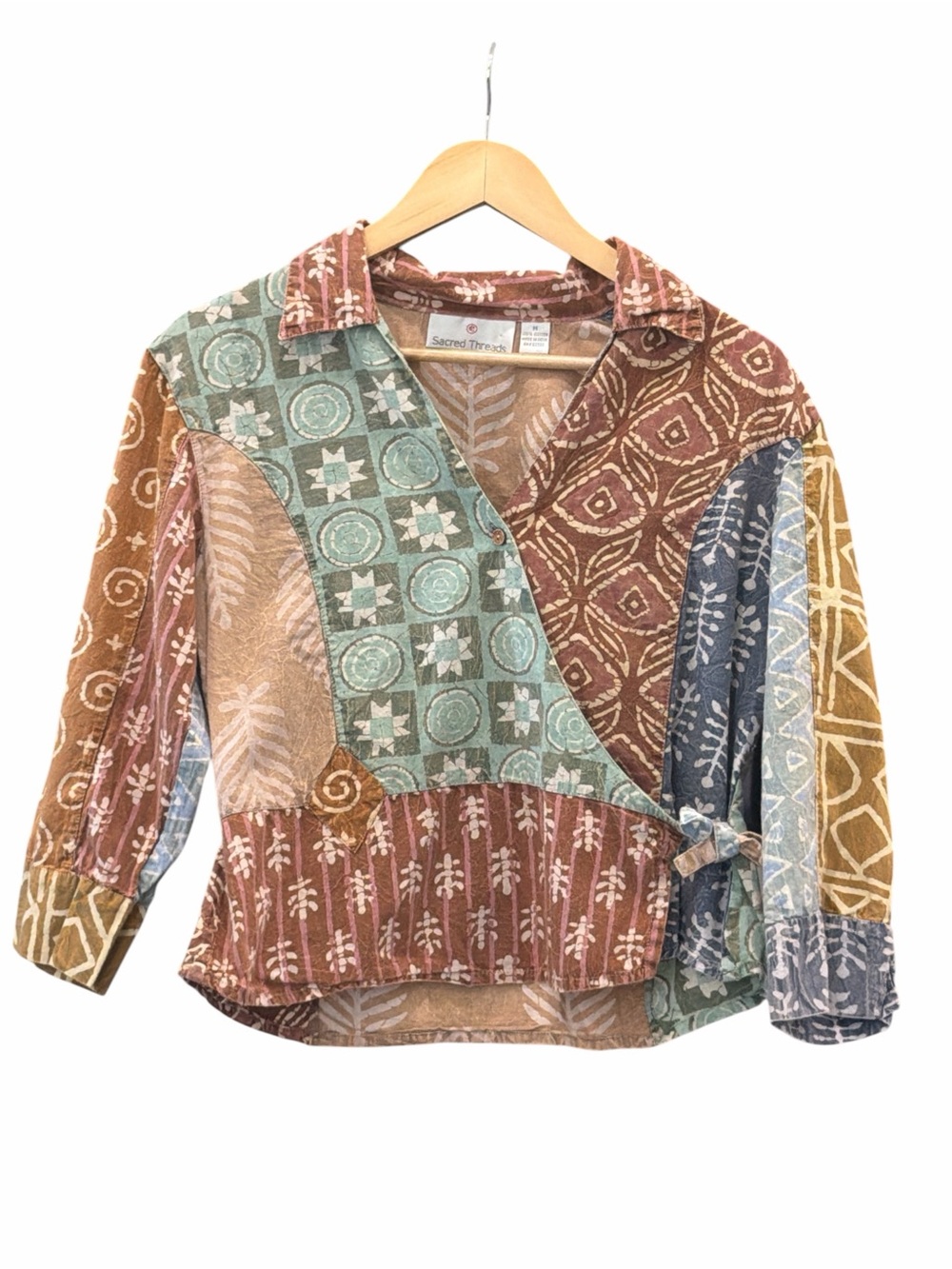 Sacred Threads Patchwork Wrap Button-Down Top in Earthy Multicolor